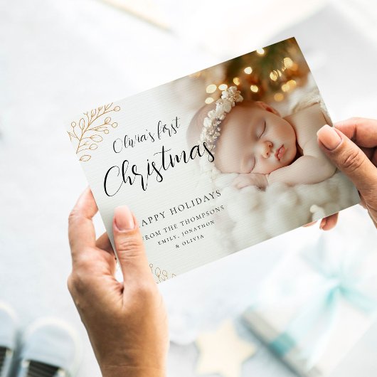 Cartes Pour Fêtes Annuelles Baby First Christmas Calligraphy Feuilles Photo