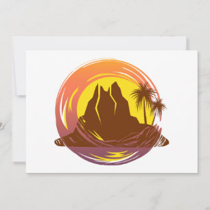Cartes Pour Fêtes Annuelles Badge avec paysage volcanique tropical et palmiers