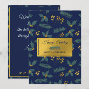 Cartes Pour Fêtes Annuelles Baies de houx élégantes Noël botanique bleu or