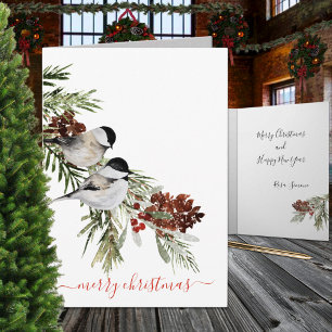 Cartes Pour Fêtes Annuelles Baies de Pins de Chickadee d'hiver Joyeux Noël