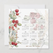 Cartes Pour Fêtes Annuelles Baies Rouges Verdure Élégant Calendrier 2026 (Devant)