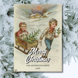 Cartes Pour Fêtes Annuelles Balade en traîneau vintage d'hiver avec sapin de N