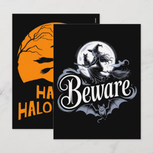 Cartes Pour Fêtes Annuelles Balai de sorcière Halloween Chat noir Lune Graphiq