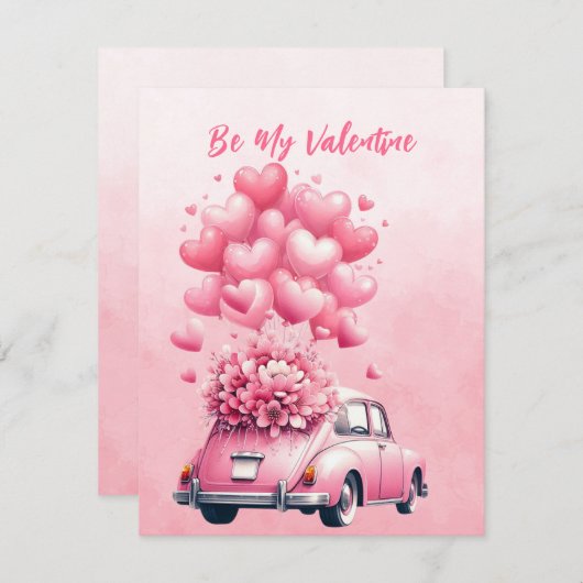 Cartes Pour Fêtes Annuelles Ballons coeurs roses voiture en rose (Devant / Derrière)