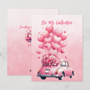 Cartes Pour Fêtes Annuelles Ballons de cœurs roses Voiture en rose