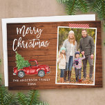 Cartes Pour Fêtes Annuelles Bande d'artisanat Script Bois Camion Noël<br><div class="desc">Script de brosse moderne Aquarelle Vintage Camion rouge avec sapin de Noël Joyeux Noël Famille Photo Carte de vacances - Russe Pays Bois,  Bande d'artisanat</div>