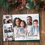 Cartes Pour Fêtes Annuelles Bande photo Joyeux script de Noël<br><div class="desc">Carte de vacances moderne avec votre photo superposée avec une bande de trois petites photos carrés,  "Joyeux Noël" dans un script chic et votre nom dans la simple typographie.</div>