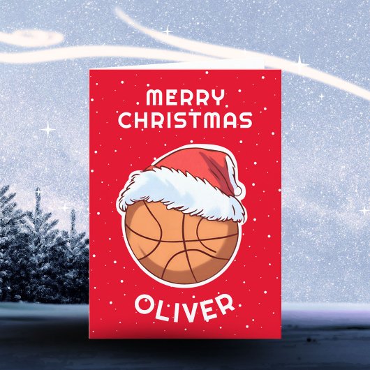Cartes Pour Fêtes Annuelles Basket Ball Rouge Père Noël Nom de l'enfant