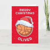 Cartes Pour Fêtes Annuelles Basket Ball Rouge Père Noël Nom de l'enfant (Devant)
