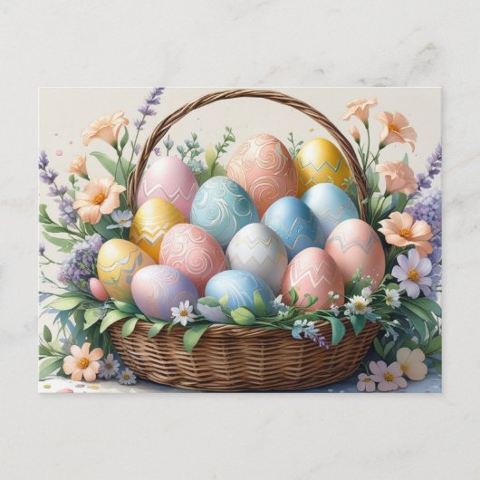 Cartes Pour Fêtes Annuelles Basket with Easter Eggs and Flowers  (Devant)