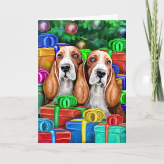 Cartes Pour Fêtes Annuelles Basset Hound Noël Open Cadeaux (Devant)
