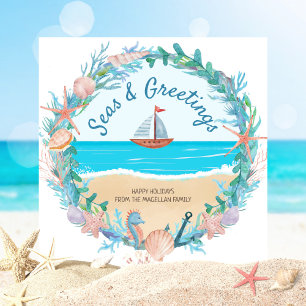 Cartes Pour Fêtes Annuelles Bateau à voile Couronne nautique Noël côtier