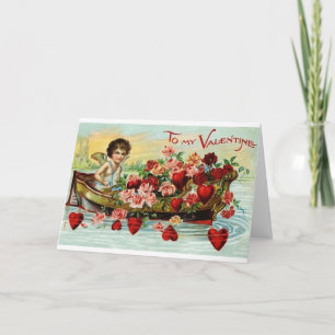 Cartes Pour Fêtes Annuelles Bateau Cupidon Victorien avec roses et coeurs Sain