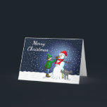 Cartes Pour Fêtes Annuelles Bâtiment Snowman<br><div class="desc">Le garçon a construit un bonhomme de neige que son chien tient debout et urine pendant que le garçon donne à l'homme de neige un nez de carotte.</div>
