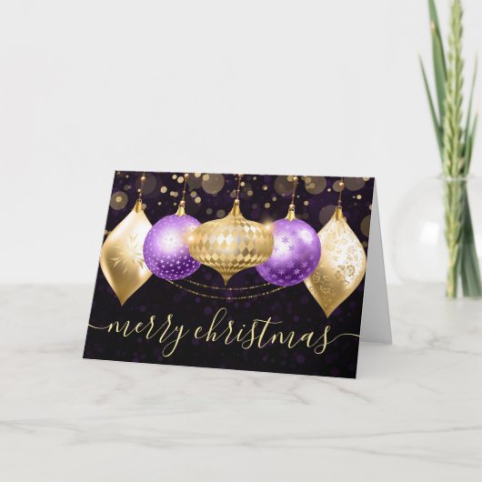Cartes Pour Fêtes Annuelles Baubles de Noël violet et or (Devant)