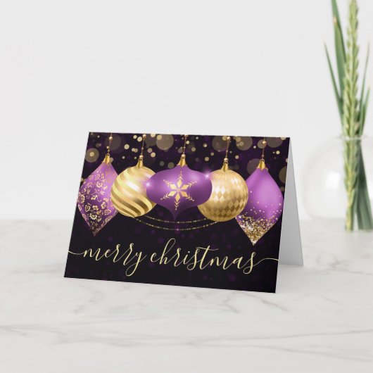 Cartes Pour Fêtes Annuelles Baubles de Noël violet et or (Devant)