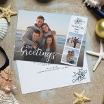 Cartes Pour Fêtes Annuelles Beach Christmas Script 3 Photo Collage<br><div class="desc">Ajoutez vos photos de famille,  votre nom et votre date d'année à cette carte de vacances unique inspirée de la plage,  avec un élégant script superposé "Seas ‘n Salutations" sur la photo principale,  et un message spécial sur le dos.</div>