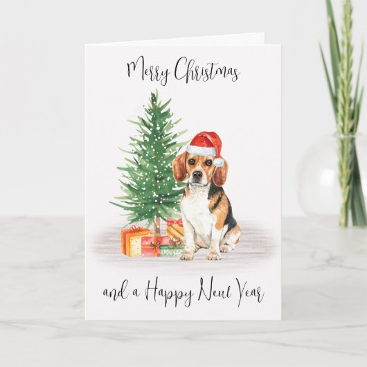 Cartes Pour Fêtes Annuelles Beagle Joyeux Noël Festive Père Noël Chien (Devant)