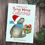 Cartes Pour Fêtes Annuelles Beary Joyeux Noël Mignonne Ours Père Noël Chapeau<br><div class="desc">La carte de vacances à thème de l'ami de la forêt mignonne comprend un arrière - plan de lavage à l'aquarelle bleu glacé avec un ours intégré dans un foulard et chapeau de Père Noël se préparant à ouvrir un cadeau de Noël. Côté inverse, le bleu hivernal de minuit avec...</div>