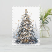Cartes Pour Fêtes Annuelles Beau Bleu Blanc et Or Arbre de Noël (Debout devant)