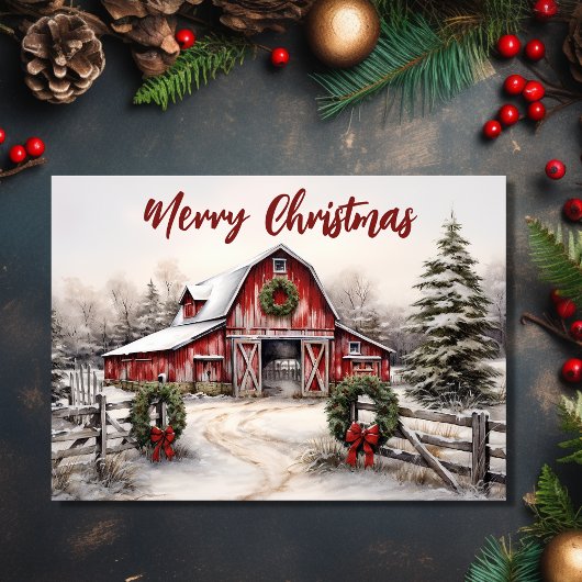 Cartes Pour Fêtes Annuelles Beau hiver neigeux Rustic Red Grange Noël