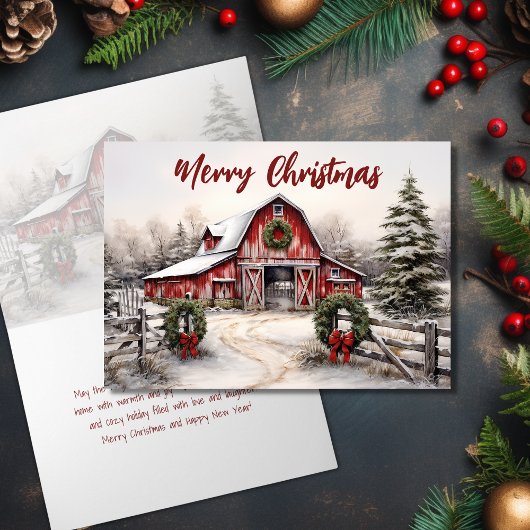 Cartes Pour Fêtes Annuelles Beau hiver neigeux Rustic Red Grange Noël