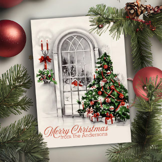 Cartes Pour Fêtes Annuelles Beau Noël Vintage Arbre Et Fenêtre Personnalisé