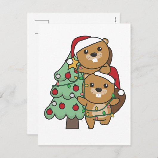 Cartes Pour Fêtes Annuelles Beaver Arbre de Noël Animaux de Noël Castors (Devant / Derrière)