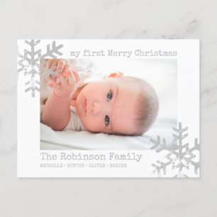 Cartes Pour Fêtes Annuelles Bébé blanc Premier Noël Photo Snowflakes
