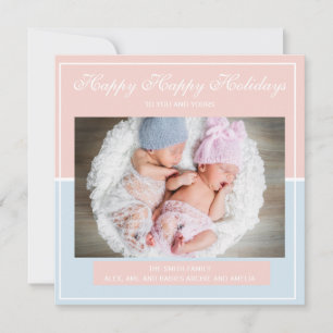 Cartes Pour Fêtes Annuelles Bébé bleu et rose photo de Noël de jumeaux garçon