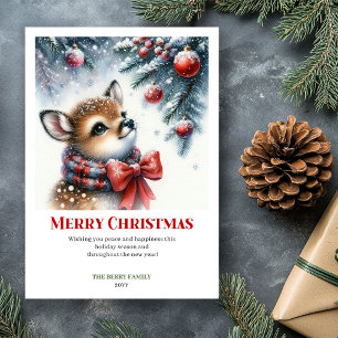 Cartes Pour Fêtes Annuelles Bébé cerf festif scène hivernale aquarelle Noël