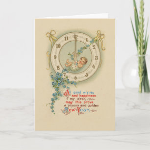 Cartes Pour Fêtes Annuelles Bébé du Nouvel An Horloge Vintage