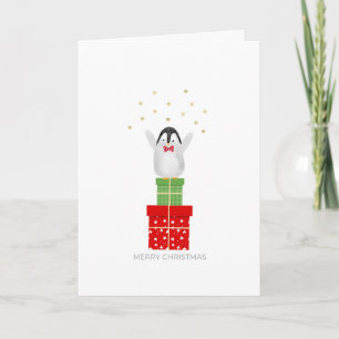 Cartes Pour Fêtes Annuelles Bébé Manchot de Noël debout sur des Cadeaux