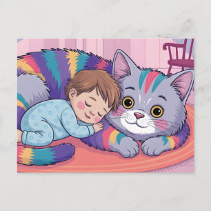 Cartes Pour Fêtes Annuelles Bébé mignon dormant sur un énorme chat en peluche
