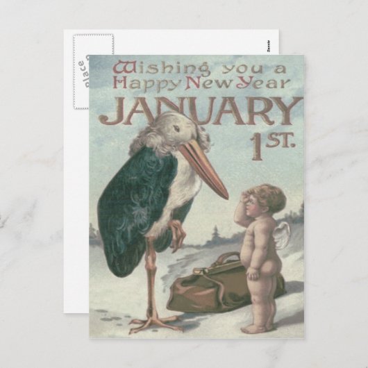 Cartes Pour Fêtes Annuelles Bébé Nouvel An Chérubin Ange Cigogne (Devant / Derrière)