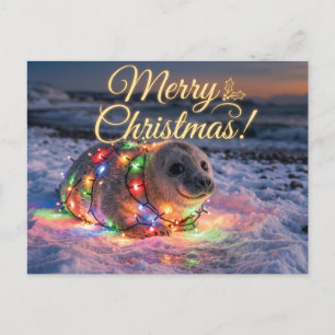 Cartes Pour Fêtes Annuelles Bébé phoque mignon enveloppé de guirlandes de Noël