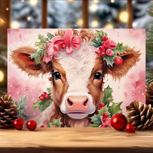 Cartes Pour Fêtes Annuelles Bébé vache Noël aquarelle rose