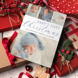 Cartes Pour Fêtes Annuelles Bébés First Christmas Photo Collage Bleu<br><div class="desc">Une carte de vacances moderne pour célébrer le premier Noël de votre bébé en famille et entre amis. Le design comporte un collage photo de vos photos préférées. Personnalisez avec les noms de votre famille. L'envers est bleu avec une couche de motif de chute de neige.</div>