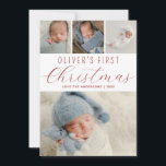 Cartes Pour Fêtes Annuelles Bébés First Christmas Photo Collage Rouge<br><div class="desc">Une carte de vacances moderne pour célébrer le premier Noël de votre bébé en famille et entre amis. Le design comporte un collage photo de vos photos préférées. Personnalisez avec le nom de votre bébé. L'envers est rouge avec une couche de motif de chute de neige.</div>