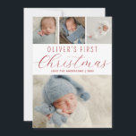 Cartes Pour Fêtes Annuelles Bébés First Christmas Photo Collage Rouge<br><div class="desc">Une carte de vacances moderne pour célébrer le premier Noël de votre bébé en famille et entre amis. Le design comporte un collage photo de vos photos préférées. Personnalisez avec le nom de votre bébé. L'envers est rouge avec une couche de motif de chute de neige.</div>