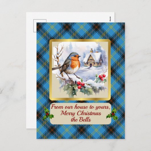 Cartes Pour Fêtes Annuelles Bell Crest & Tartan avec Robin Personnalisé (Devant / Derrière)