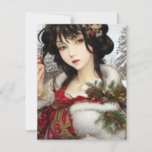 Cartes Pour Fêtes Annuelles Belle Fille d'Anime Manga de Noël en Hiver
