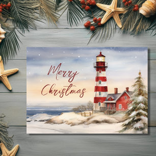 Cartes Pour Fêtes Annuelles Belle scène du phare d'hiver Joyeux Noël