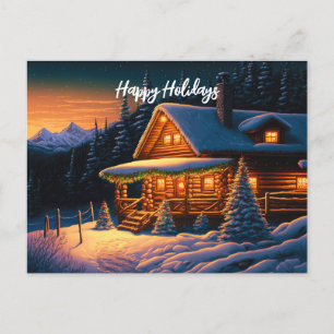 Cartes Pour Fêtes Annuelles Belles lumières de Noël Log Cabine Mountain neige