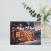 Cartes Pour Fêtes Annuelles Belles lumières de Noël Log Cabine Mountain neige (Debout devant)
