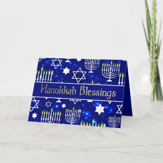 Cartes Pour Fêtes Annuelles Bénédiction de Hanoukka Menorah Blue & Silver (Devant)