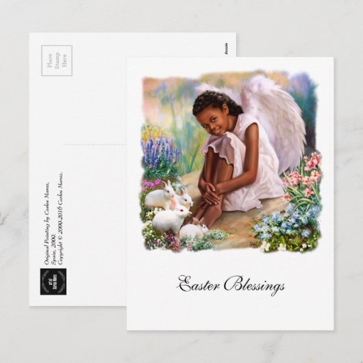Cartes Pour Fêtes Annuelles Bénédiction de Pâques. Petit ange avec lapins (Devant / Derrière)