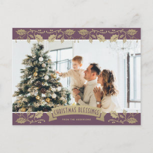 Cartes Pour Fêtes Annuelles Bénédictions de Noël en or violet Photo chrétienne