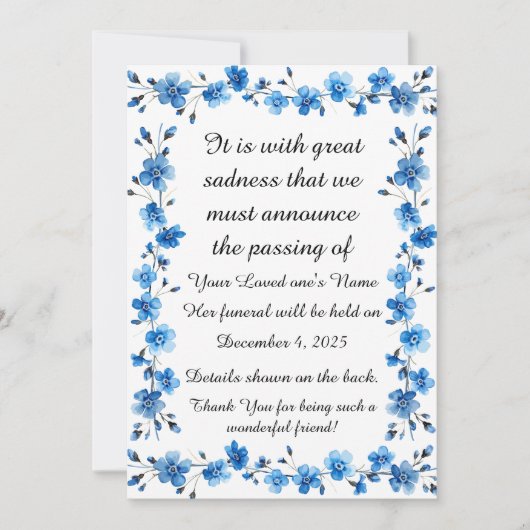 Cartes Pour Fêtes Annuelles Bereavement Funeral Notification of Passing Card (Devant)
