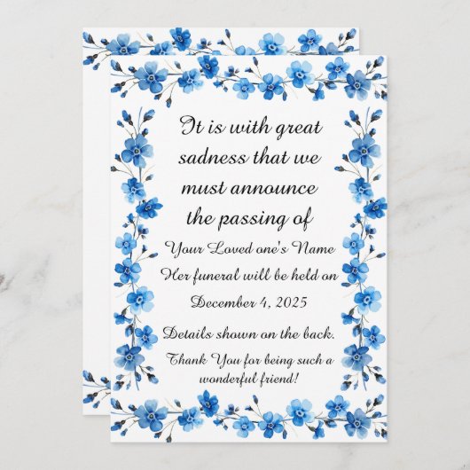 Cartes Pour Fêtes Annuelles Bereavement Funeral Notification of Passing Card (Devant / Derrière)
